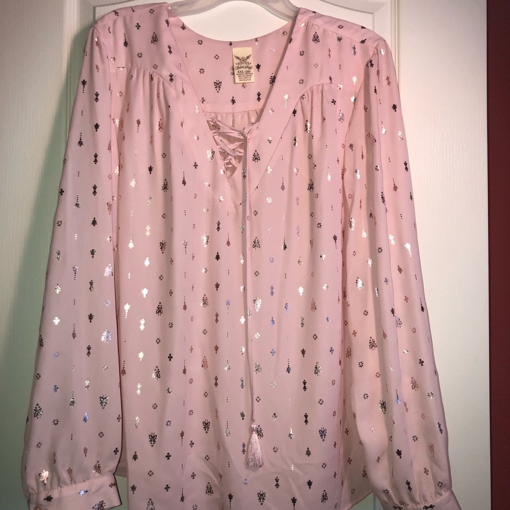 Faded Glory Pink Blouse Foiled Lace Up